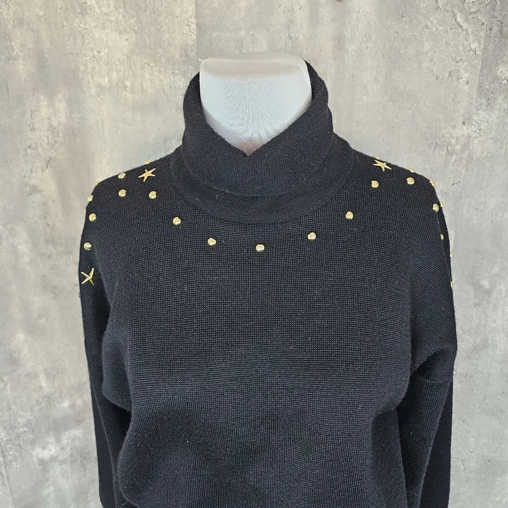 Vintage 80s Meister Womens M Black‎ Knit Turtleneck Sweater Brass Studded Detail